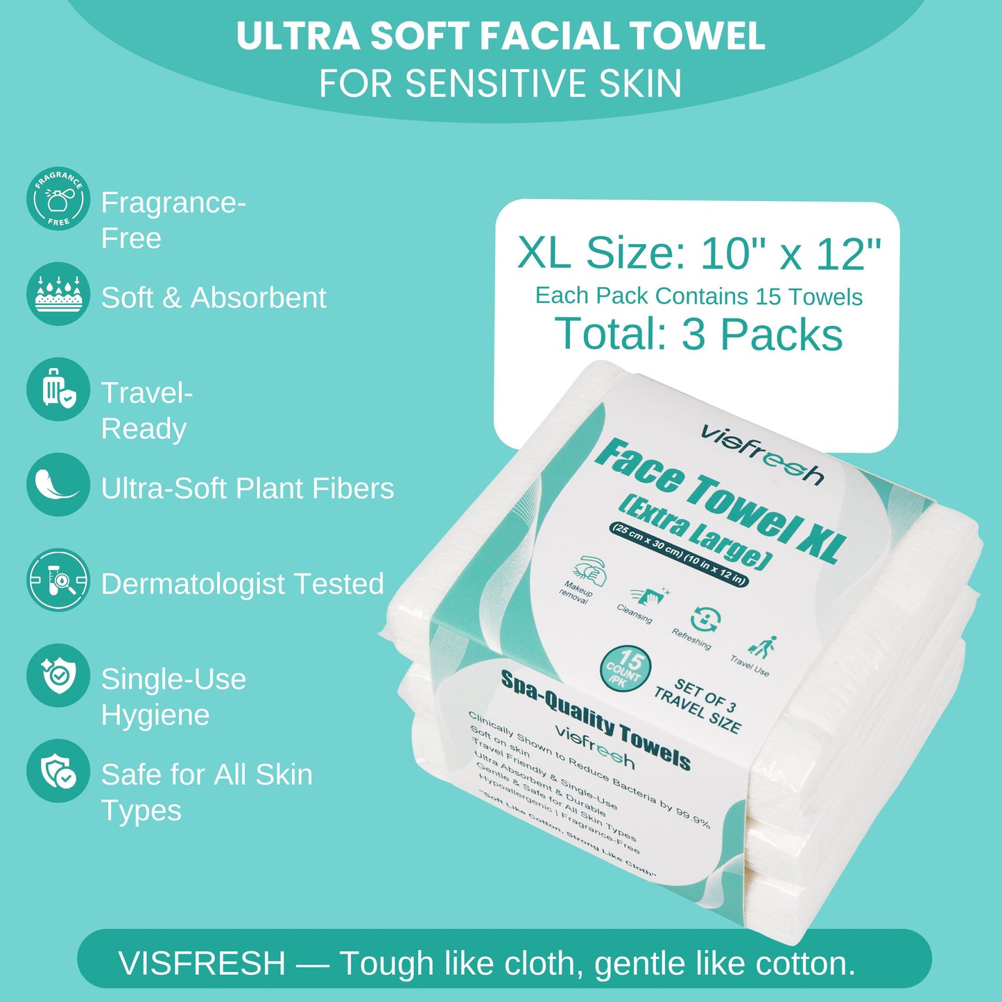 Disposable Face Towel Travel Pack – XL 10"×12" 15 Towels Per Pack (3 Packs)