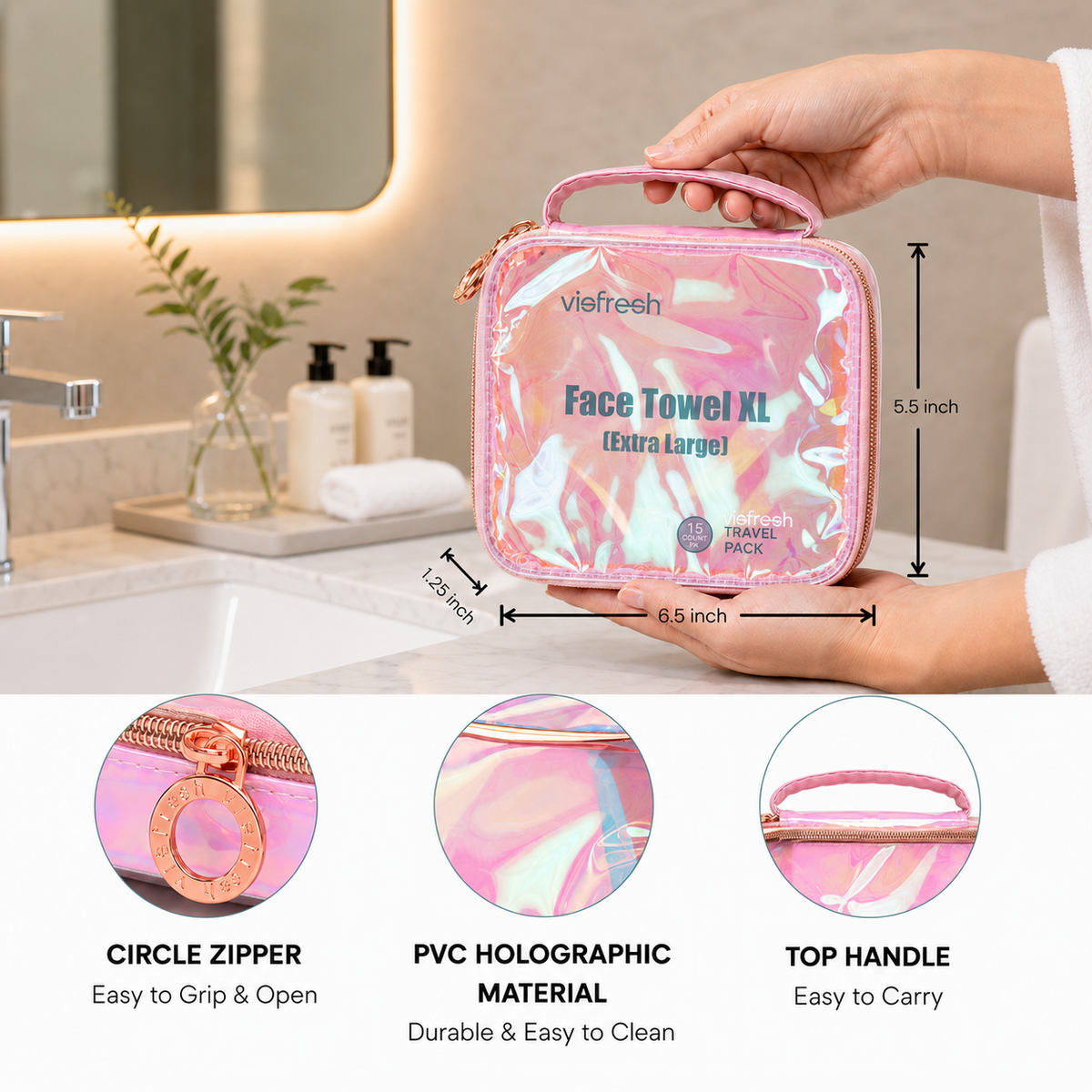 Disposable Face Towel Holder & Travel Storage Case with 15 Count XL Refillable Towels