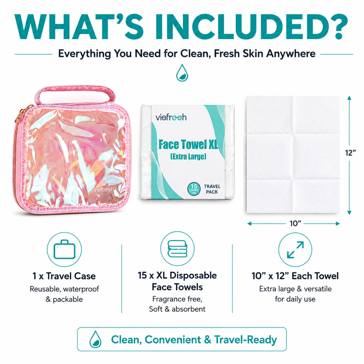 Disposable Face Towel Holder & Travel Storage Case with 15 Count XL Refillable Towels