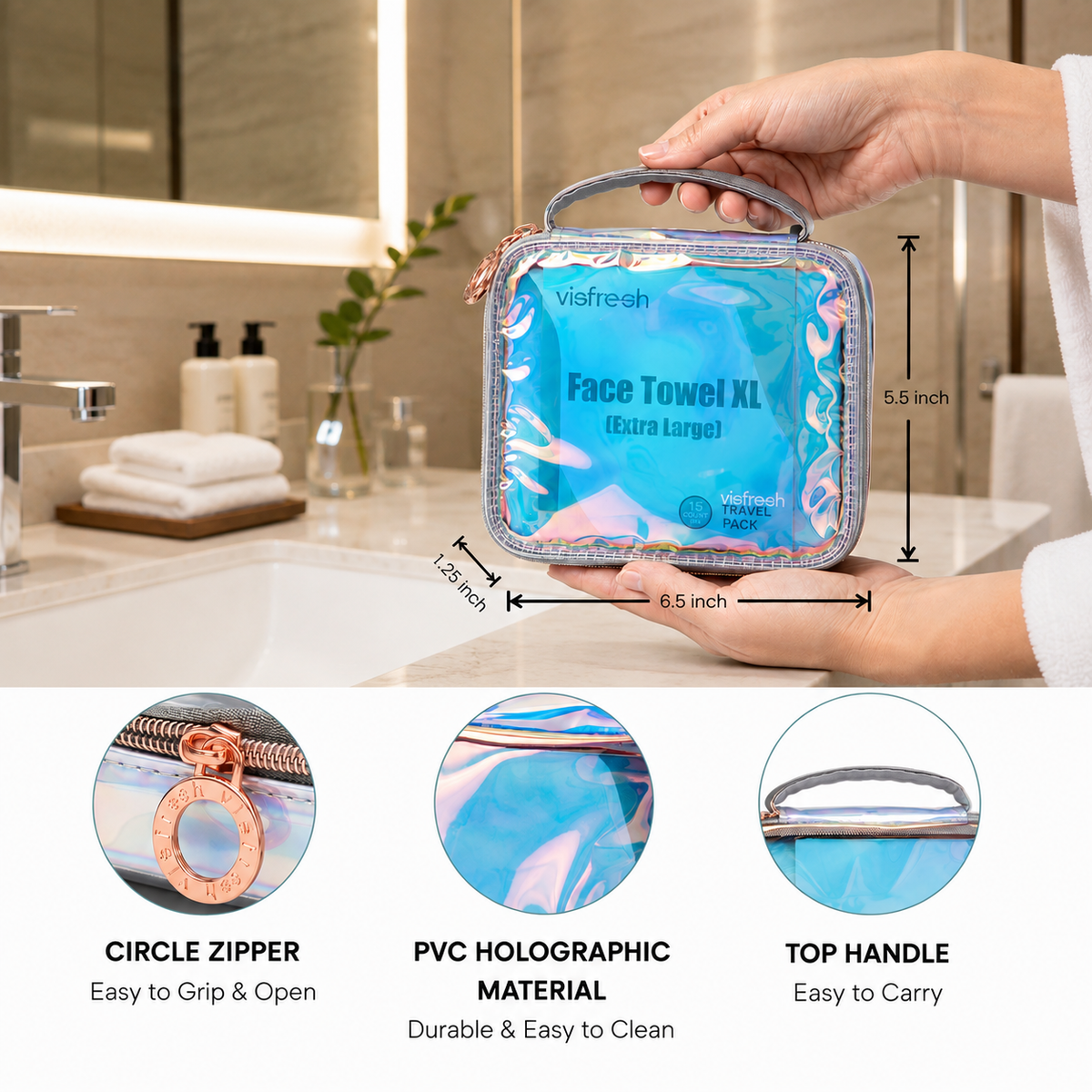 Disposable Face Towel Holder & Travel Storage Case with 15 Count XL Refillable Towels