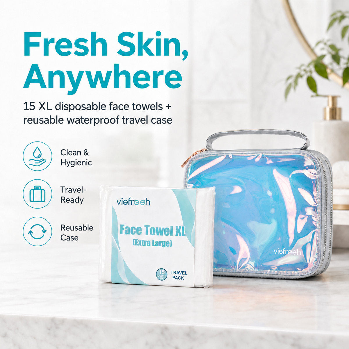 Disposable Face Towel Holder & Travel Storage Case with 15 Count XL Refillable Towels