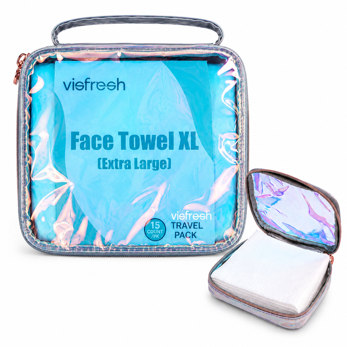 Disposable Face Towel Holder & Travel Storage Case with 15 Count XL Refillable Towels