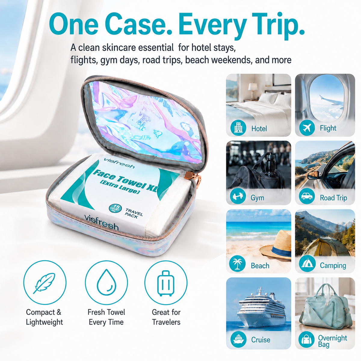 Disposable Face Towel Holder & Travel Storage Case with 15 Count XL Refillable Towels